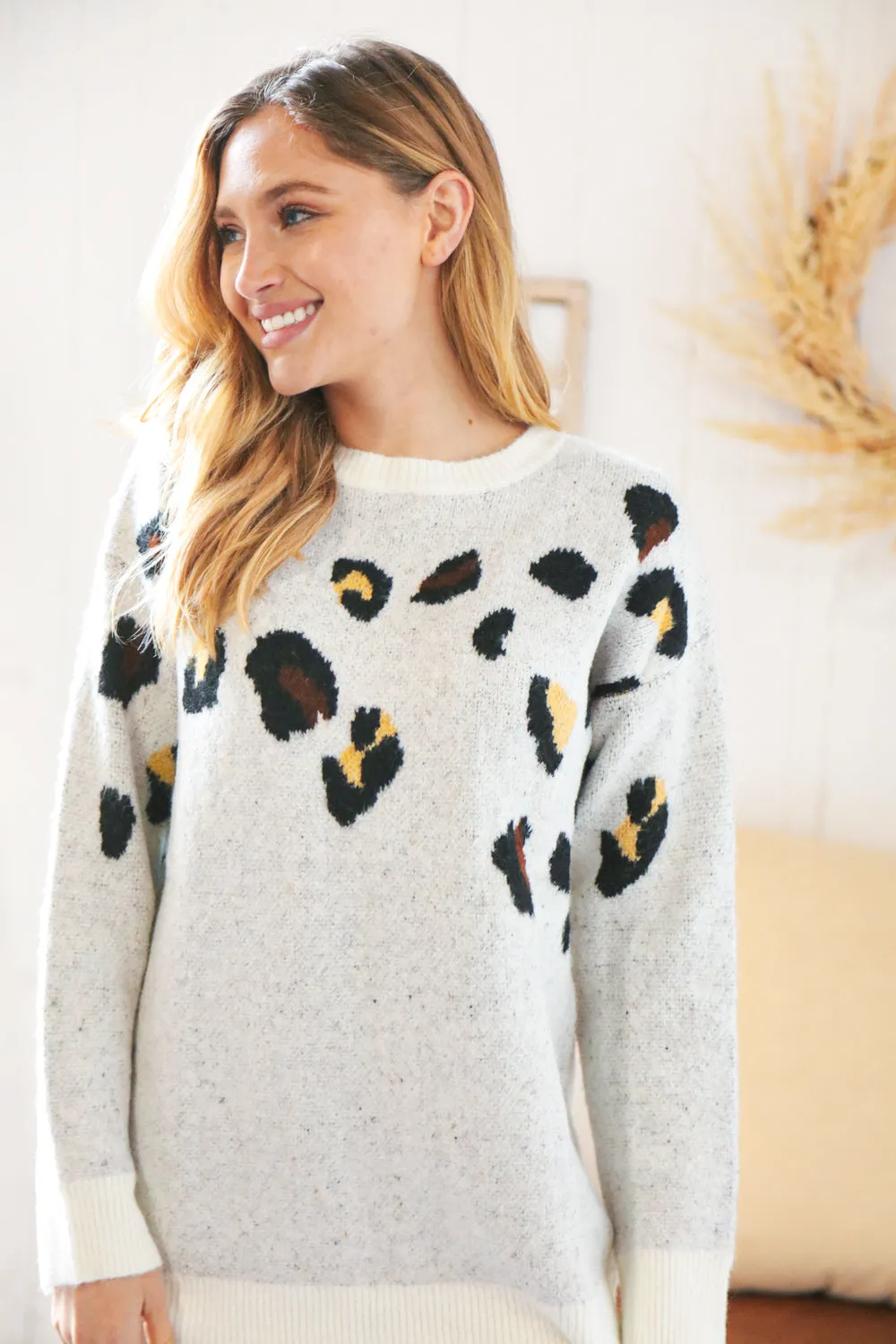 Cream Jacquard Fuzzy Leopard Print Oversized Sweater