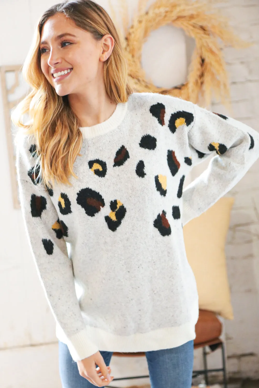 Cream Jacquard Fuzzy Leopard Print Oversized Sweater