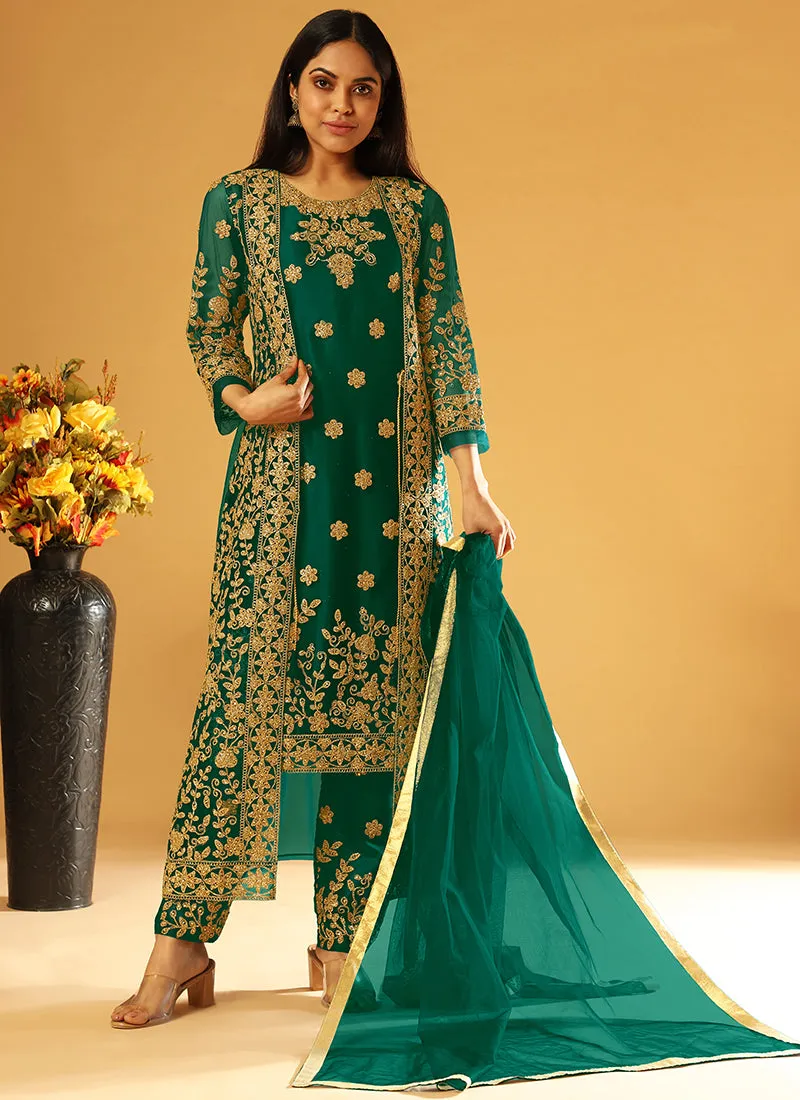 Dark Green Embroidery Jacket Style Festive Pant Suit