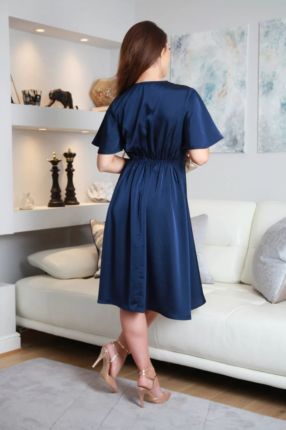 Double Second Double Second A-Line Satin Wrap Dress With Tea Sleeves