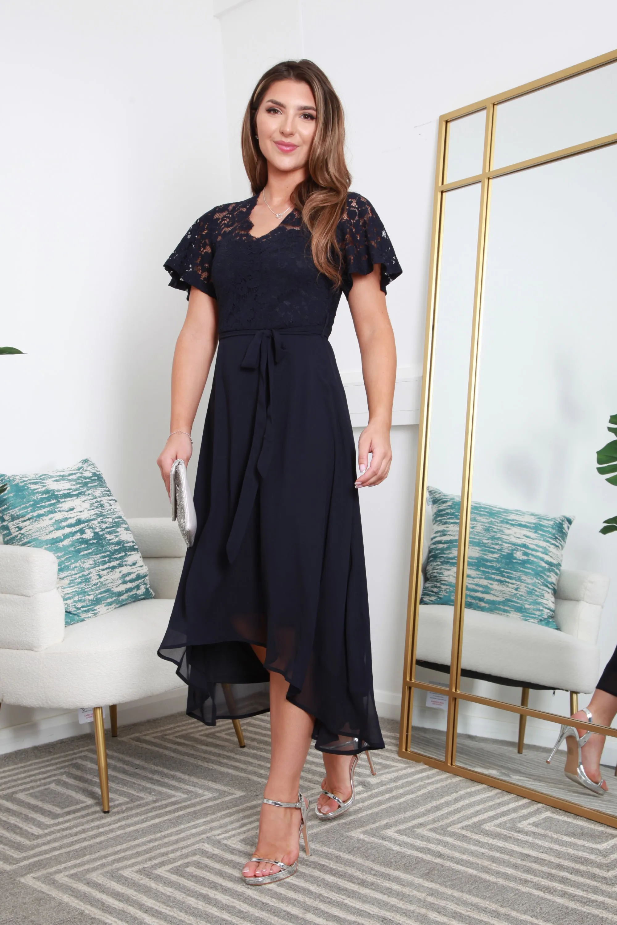 Double Second Navy Lace Wrap Front Dip Back Dress