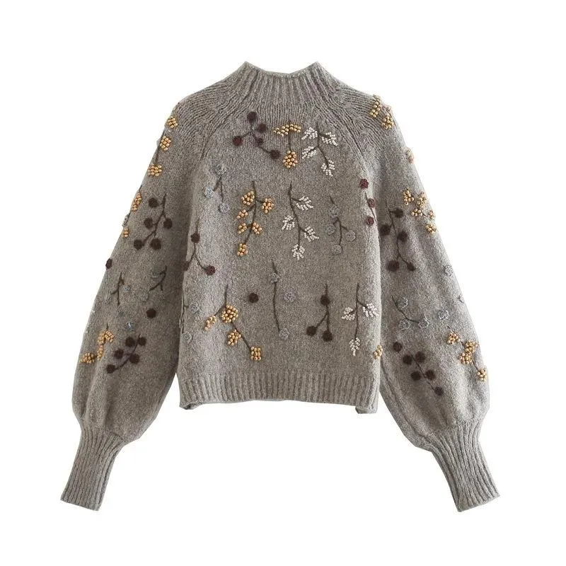 Dunnmall Round Neck Knit Beaded Floral Sweater