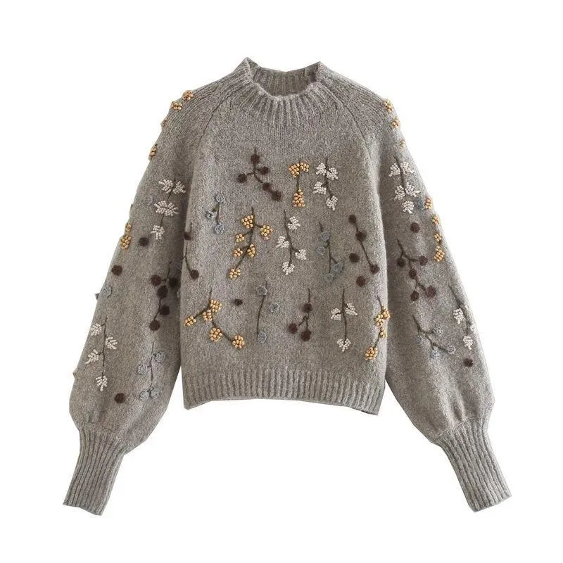 Dunnmall Round Neck Knit Beaded Floral Sweater