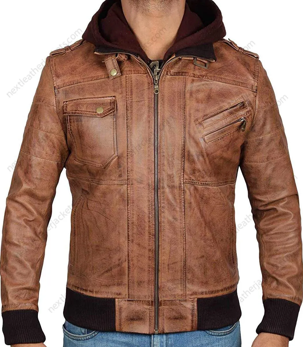 Edinburgh Bomber Brown Leather Jacket With Hood