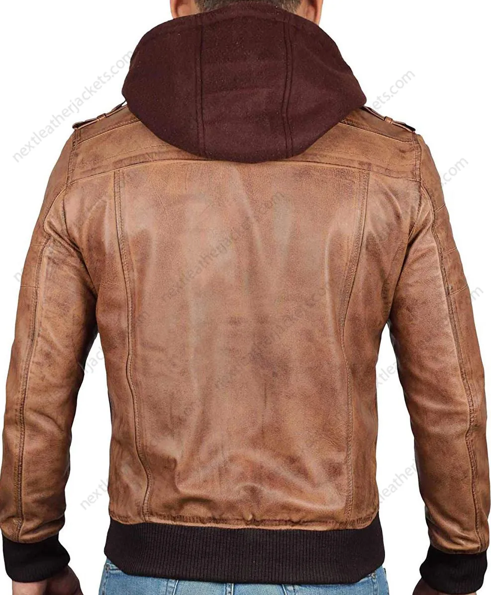 Edinburgh Bomber Brown Leather Jacket With Hood