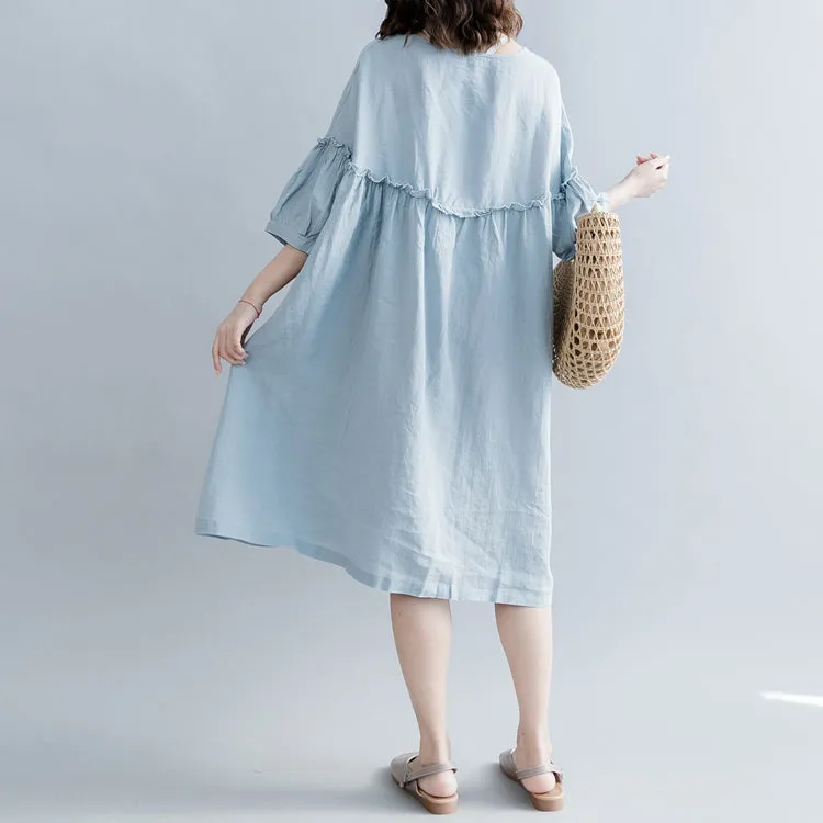 Elegant light blue pure cotton linen dress plus size linen cotton dress fine lantern sleeve Cinched o neck baggy dresses cotton linen dresses