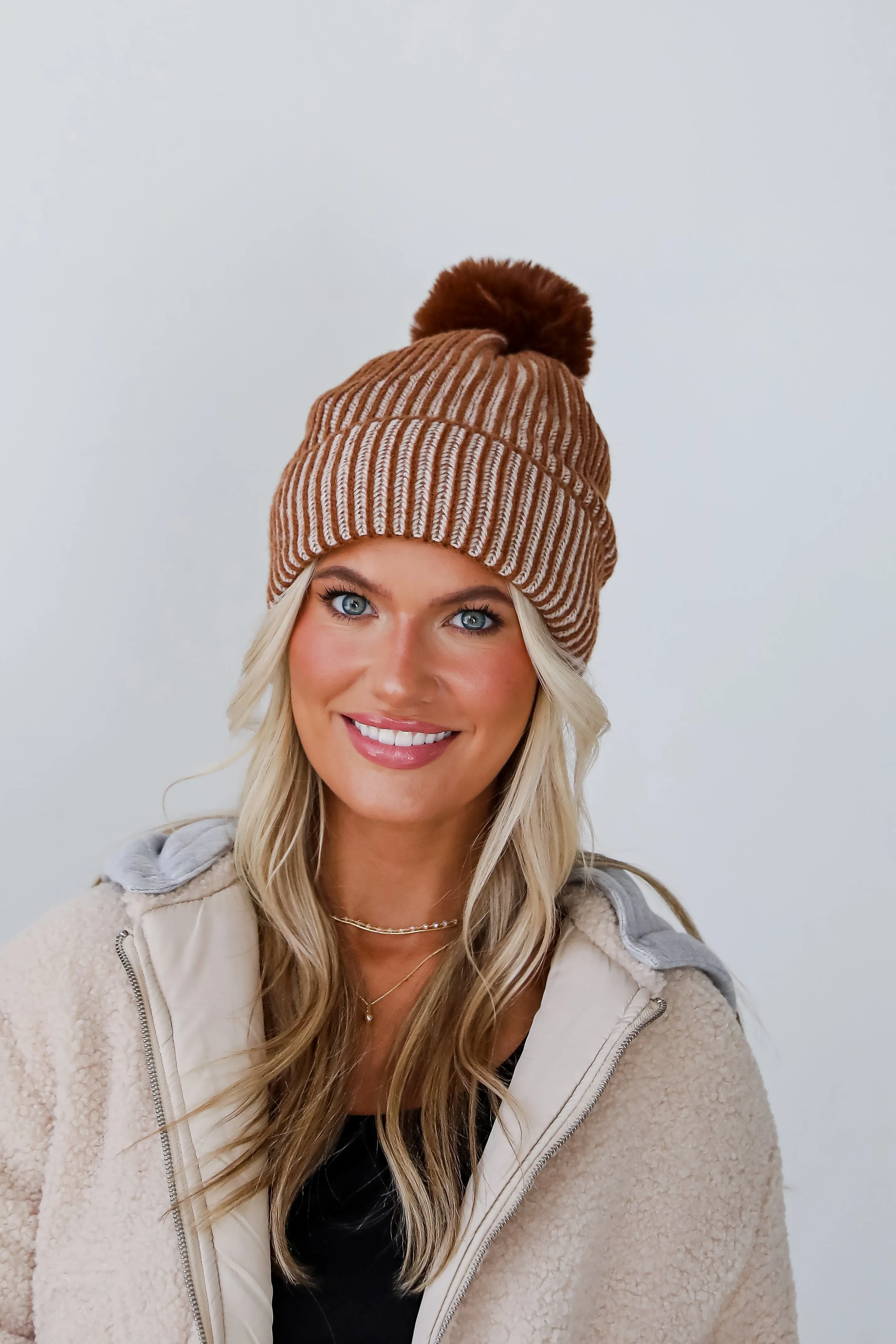 Exceptionally Cozy Brown Ribbed Pom Pom Beanie - DOORBUSTER