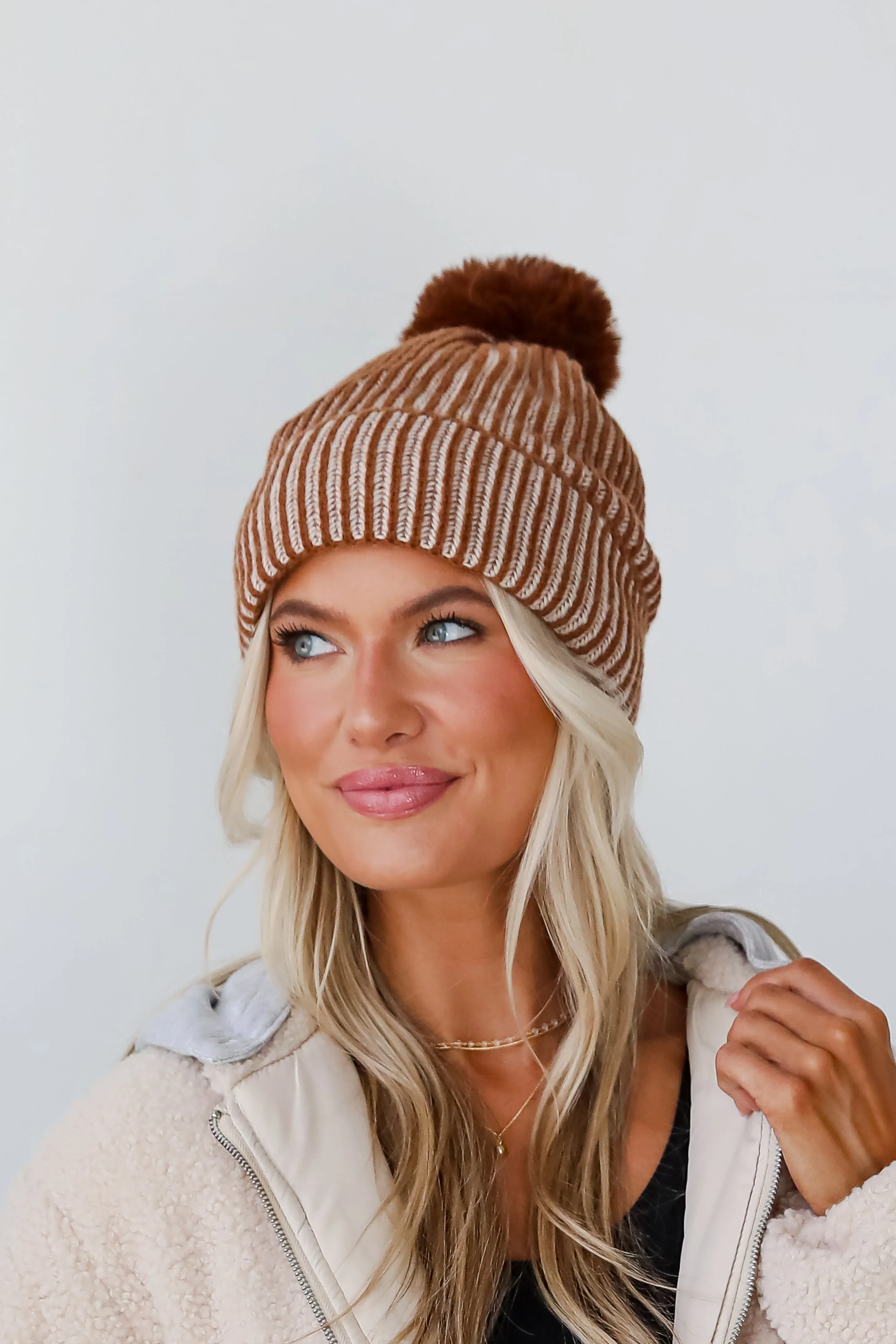 Exceptionally Cozy Brown Ribbed Pom Pom Beanie - DOORBUSTER