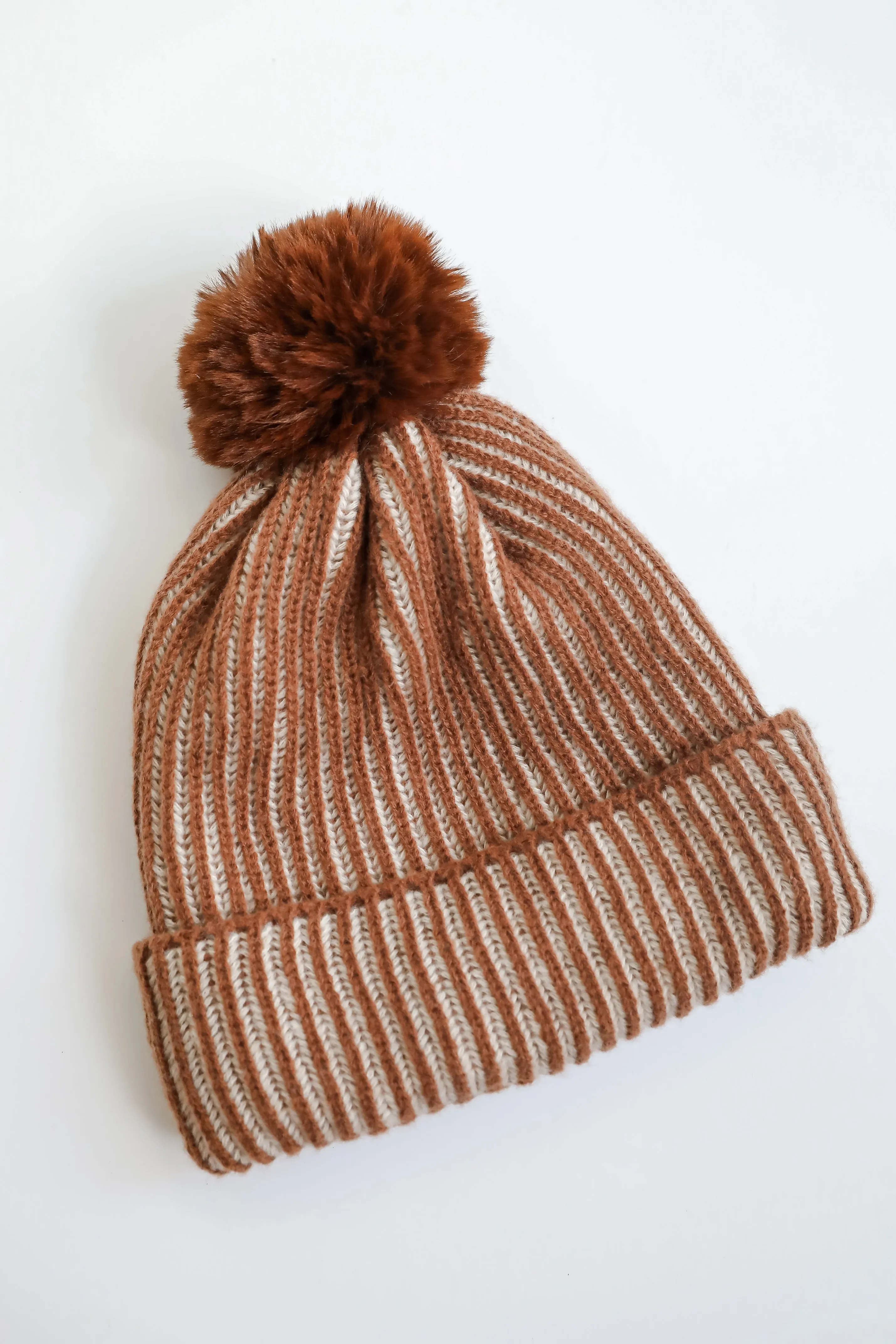 Exceptionally Cozy Brown Ribbed Pom Pom Beanie - DOORBUSTER