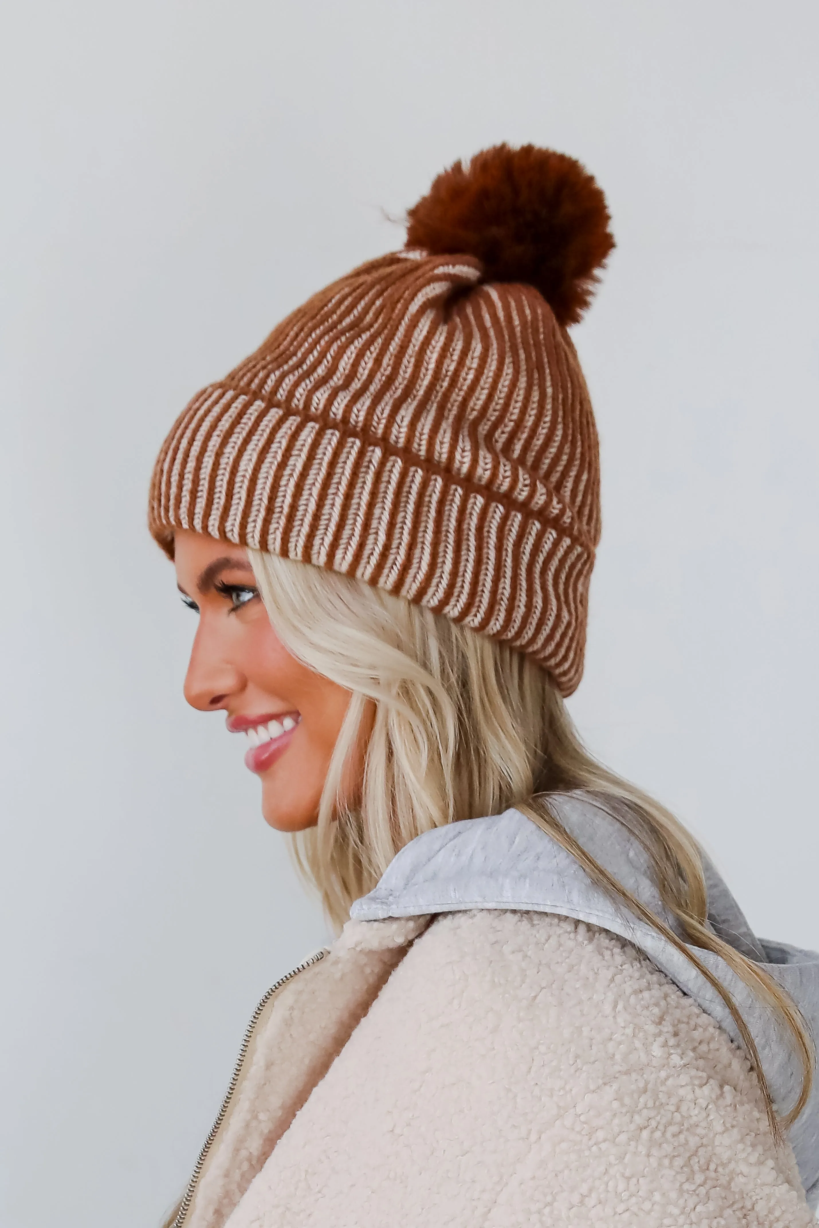 Exceptionally Cozy Brown Ribbed Pom Pom Beanie - DOORBUSTER