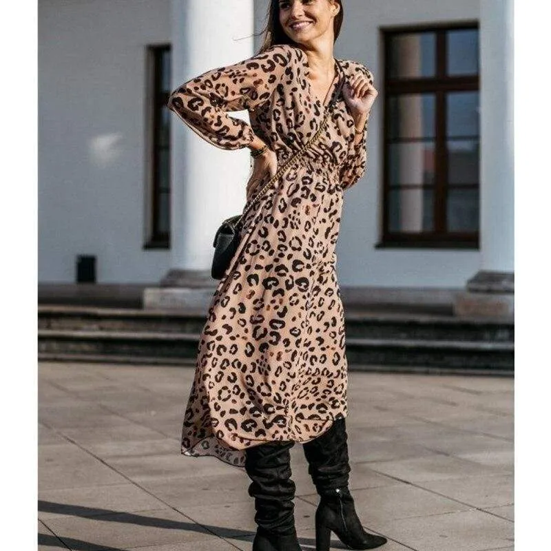 FashionSierra - Fashion Women's Long Sleeve Leopard Print Long Shirt Dress Sexy Ladies V Neck Loose Party Wrap Shirt Maxi Dress