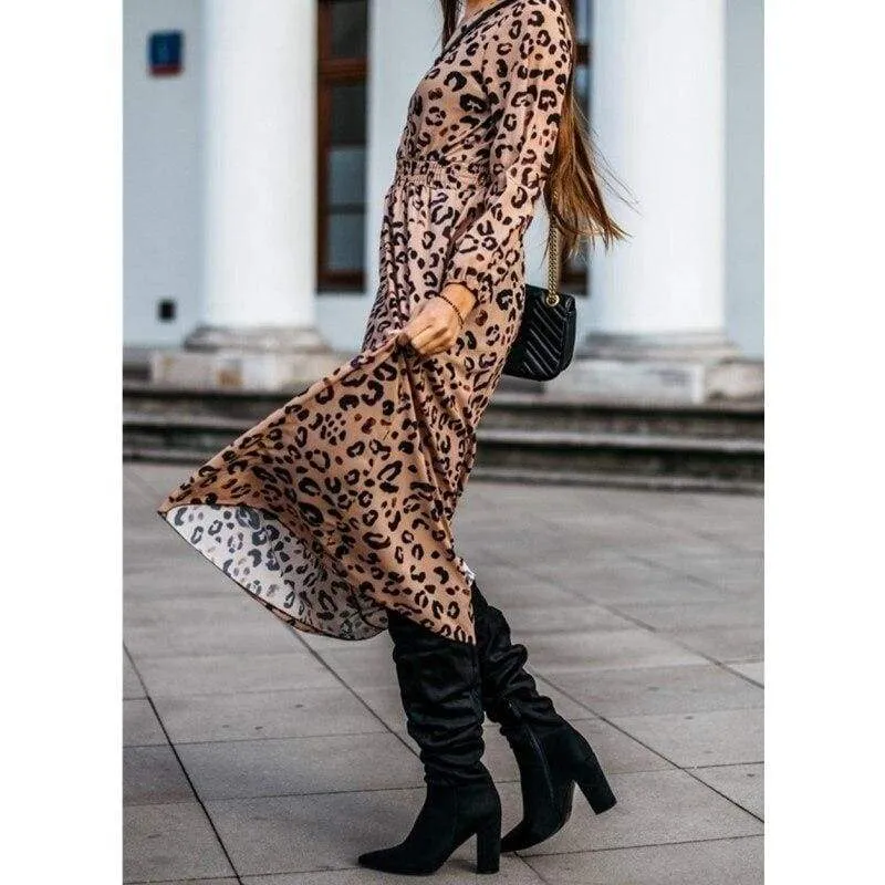 FashionSierra - Fashion Women's Long Sleeve Leopard Print Long Shirt Dress Sexy Ladies V Neck Loose Party Wrap Shirt Maxi Dress