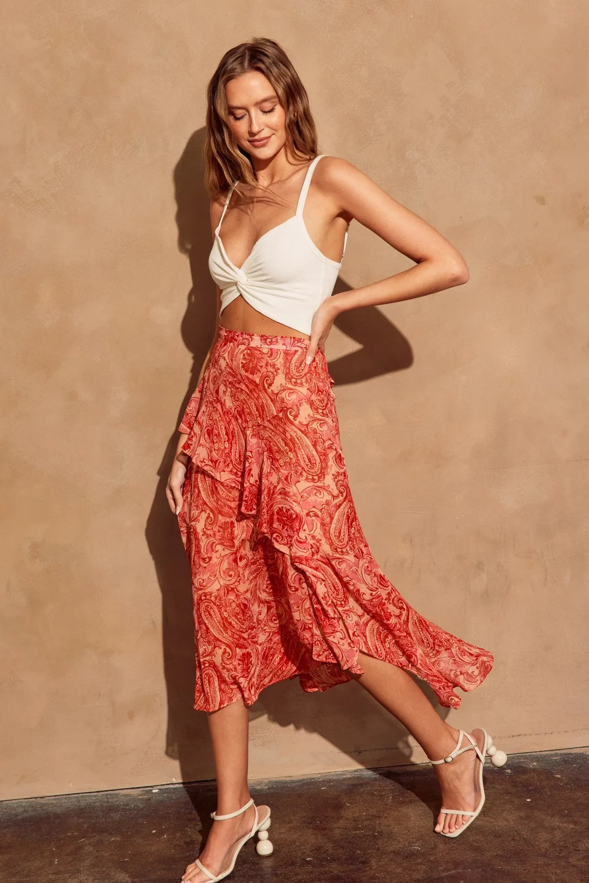 Fiesta Paisley Ruffle Midi Skirt