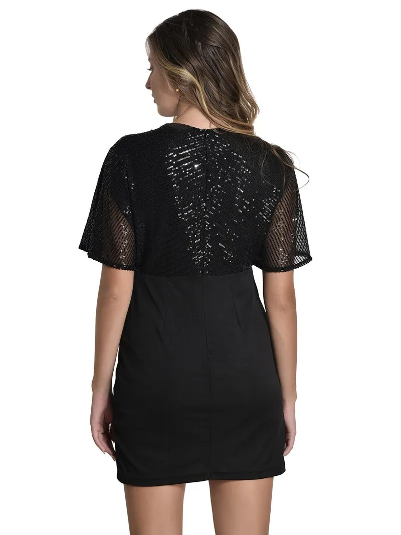 FIMS Fashion Women Polynet Sequined Solid Mini Fit & Flare Dress Black