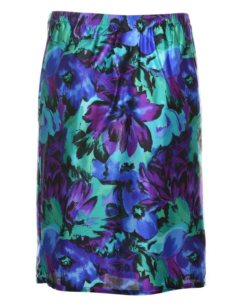 Floral Pattern Purple & Green Elasticated Midi Skirt - M