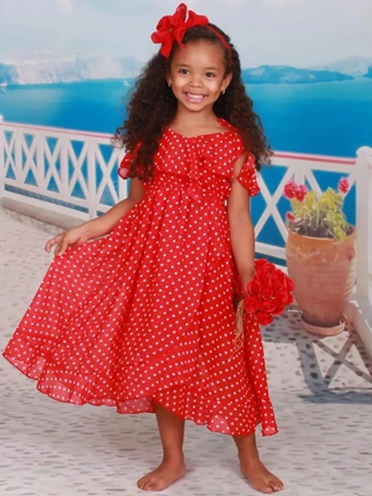 Girls Faux Wrap Polka Dot Off the Shoulder Ruffled Dress