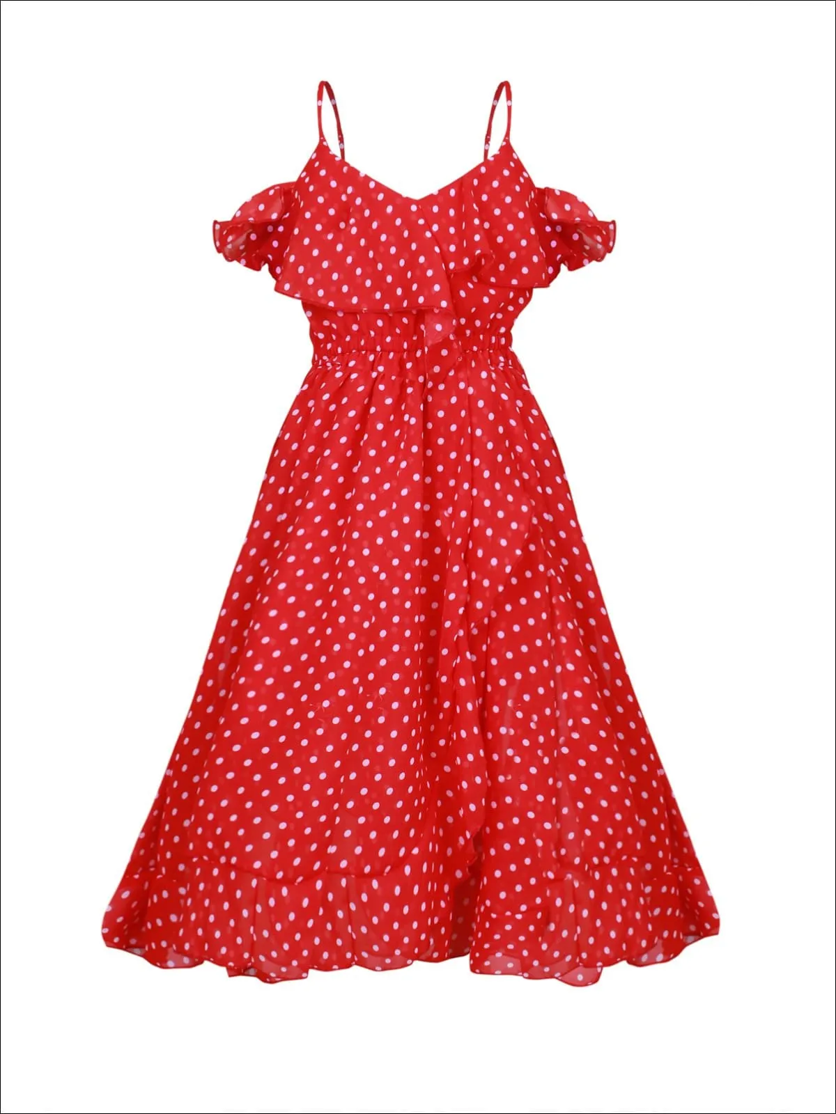 Girls Faux Wrap Polka Dot Off the Shoulder Ruffled Dress