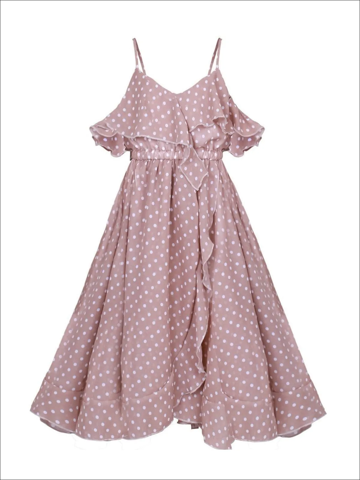 Girls Faux Wrap Polka Dot Off the Shoulder Ruffled Dress