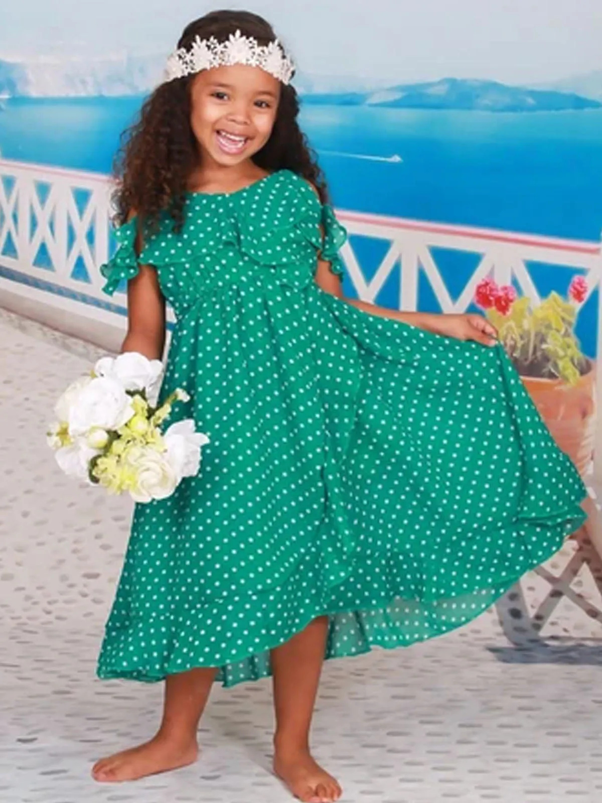 Girls Faux Wrap Polka Dot Off the Shoulder Ruffled Dress