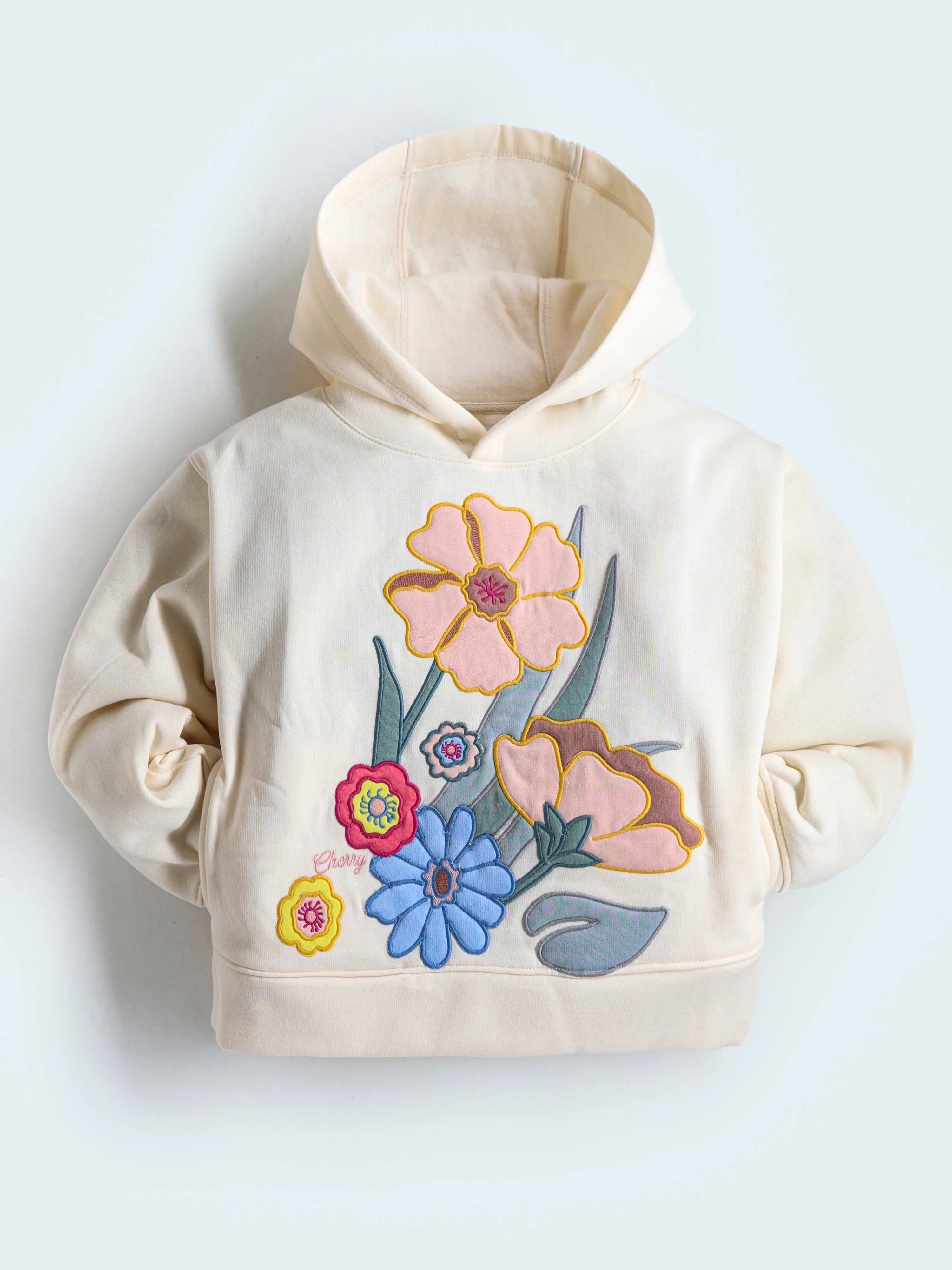 Girls Floral Applique Cream Hoodie