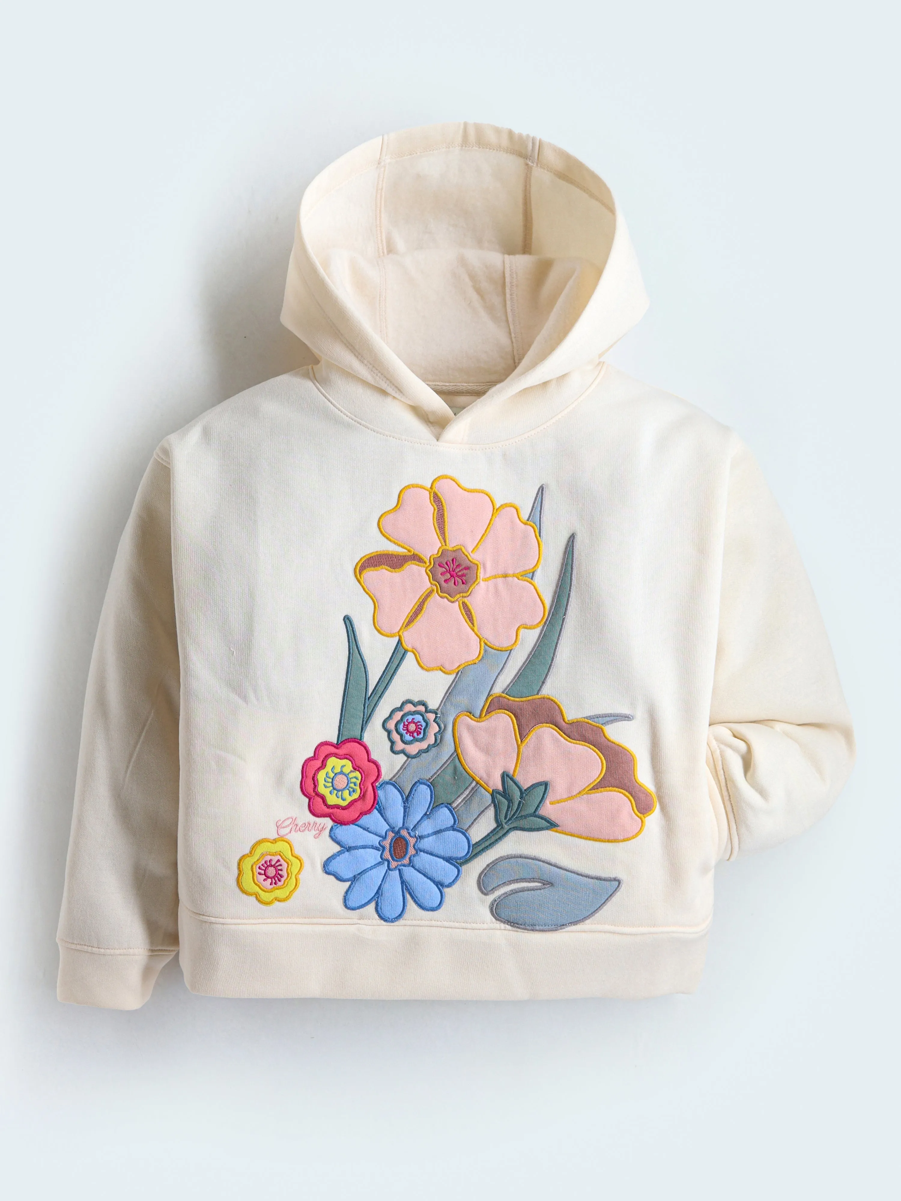 Girls Floral Applique Cream Hoodie