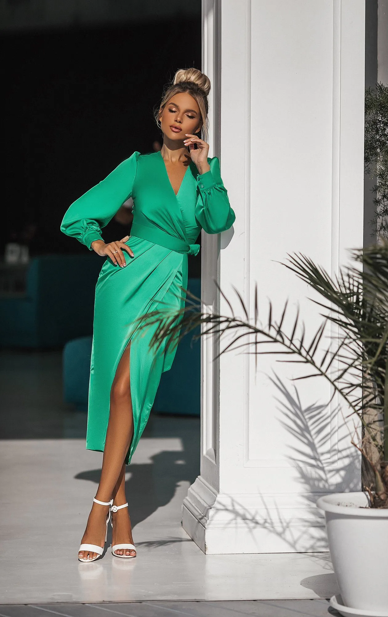 Green Wrap Long Sleeve Midi Dress