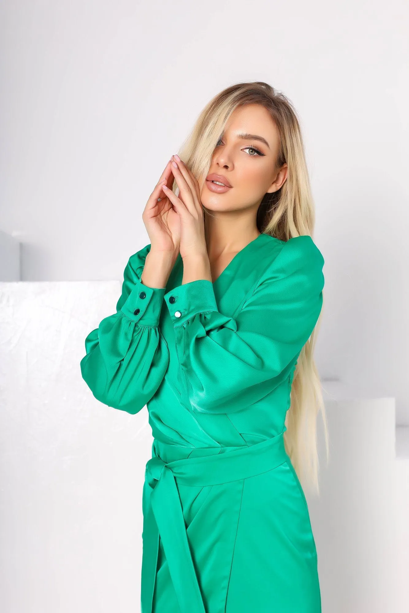 Green Wrap Long Sleeve Midi Dress