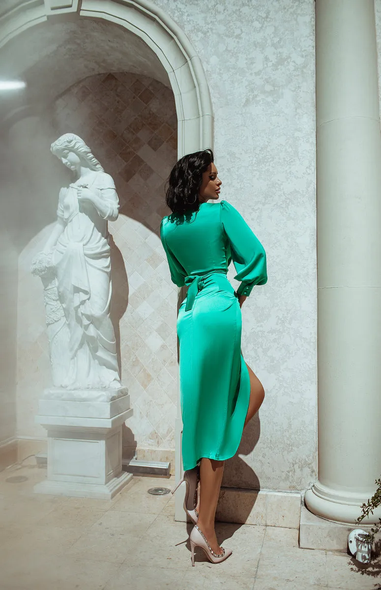 Green Wrap Long Sleeve Midi Dress