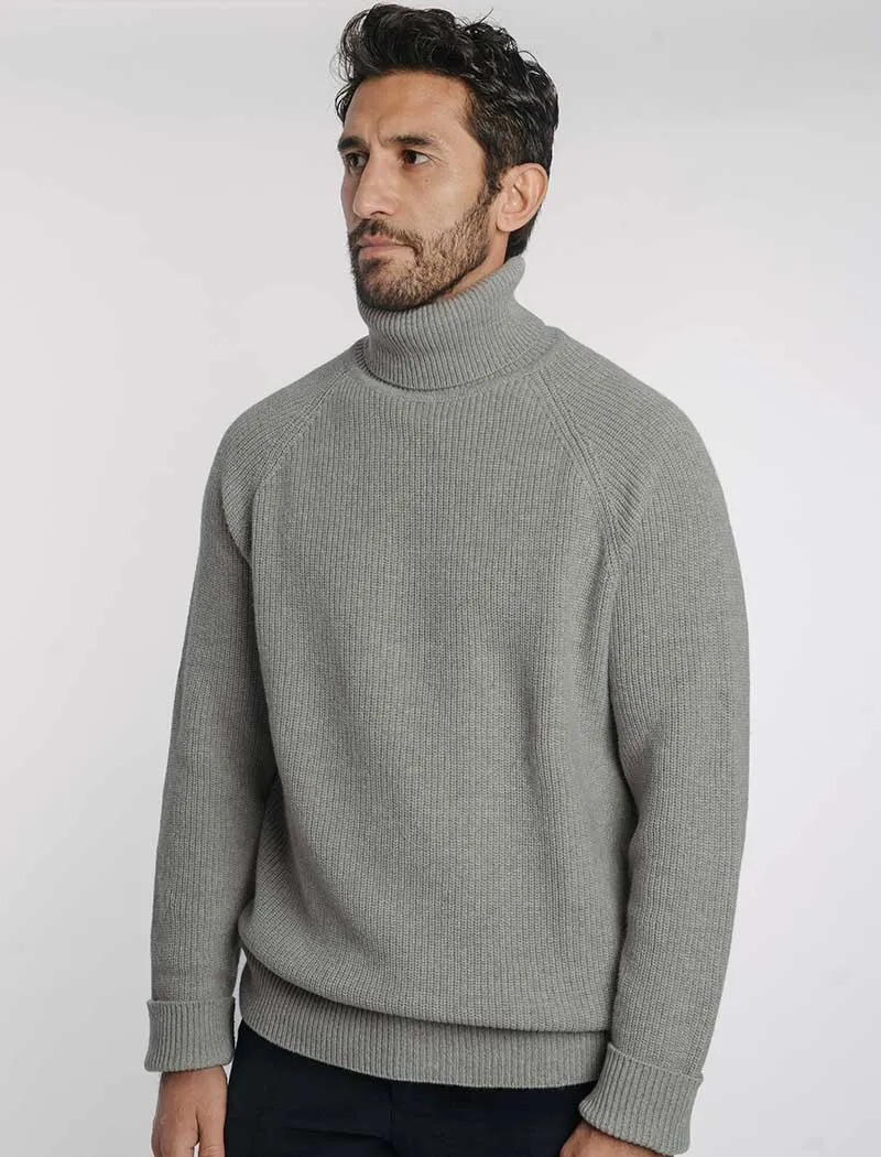 Grey Ribbed Wool & Cashmere Roll Neck Jumper