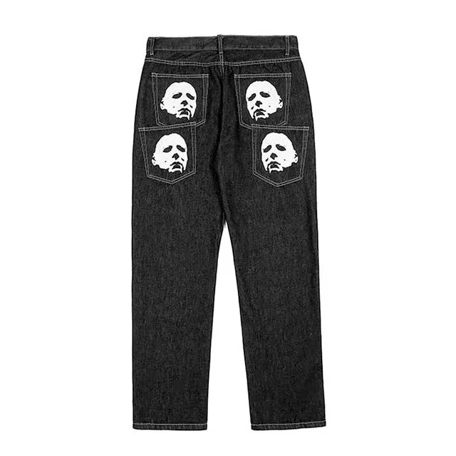 Hip Hop Men's Baggy Jeans Print Cotton Black Denim Punk Trousers Straight Pants Fashion Korean Streetwear Y2K Pants Men Gothic