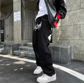 Hip Hop Men's Baggy Jeans Print Cotton Black Denim Punk Trousers Straight Pants Fashion Korean Streetwear Y2K Pants Men Gothic