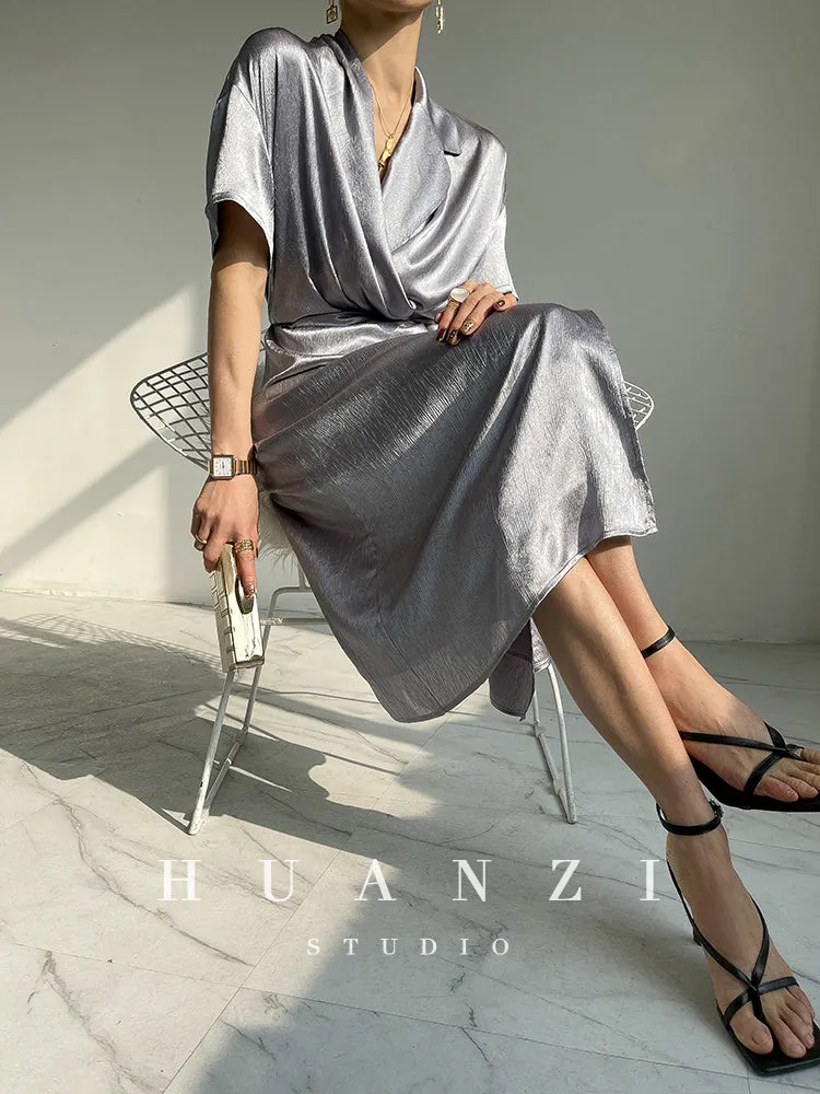 HUANZI custom designer high-end glossy silky elegant dress -Diana