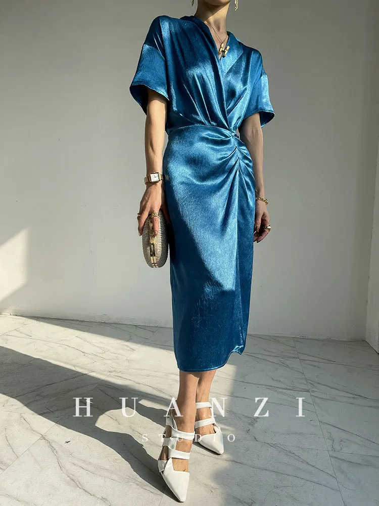 HUANZI custom designer high-end glossy silky elegant dress -Diana