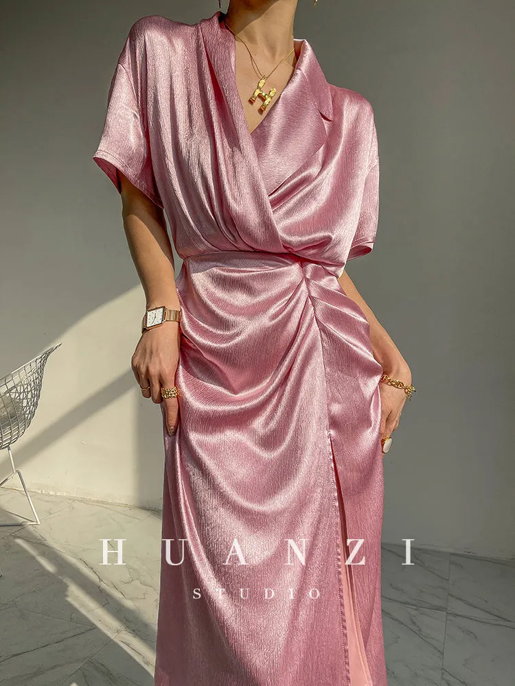 HUANZI custom designer high-end glossy silky elegant dress -Diana