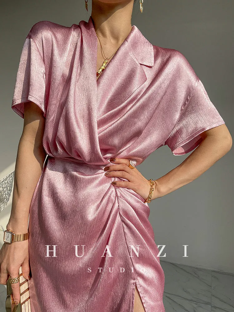 HUANZI custom designer high-end glossy silky elegant dress -Diana