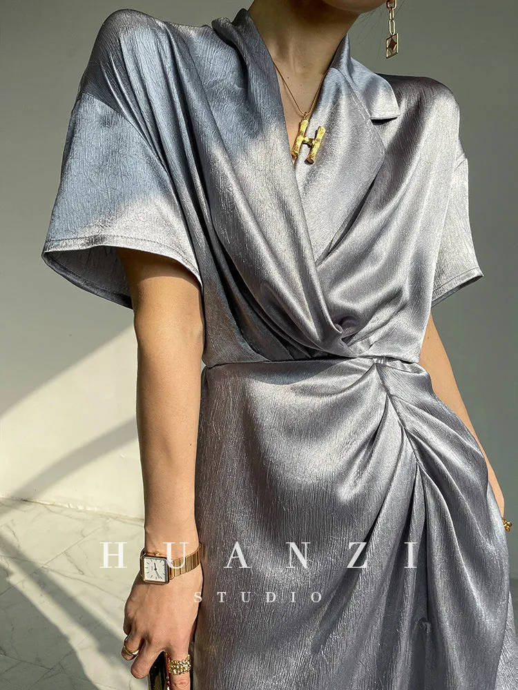 HUANZI custom designer high-end glossy silky elegant dress -Diana