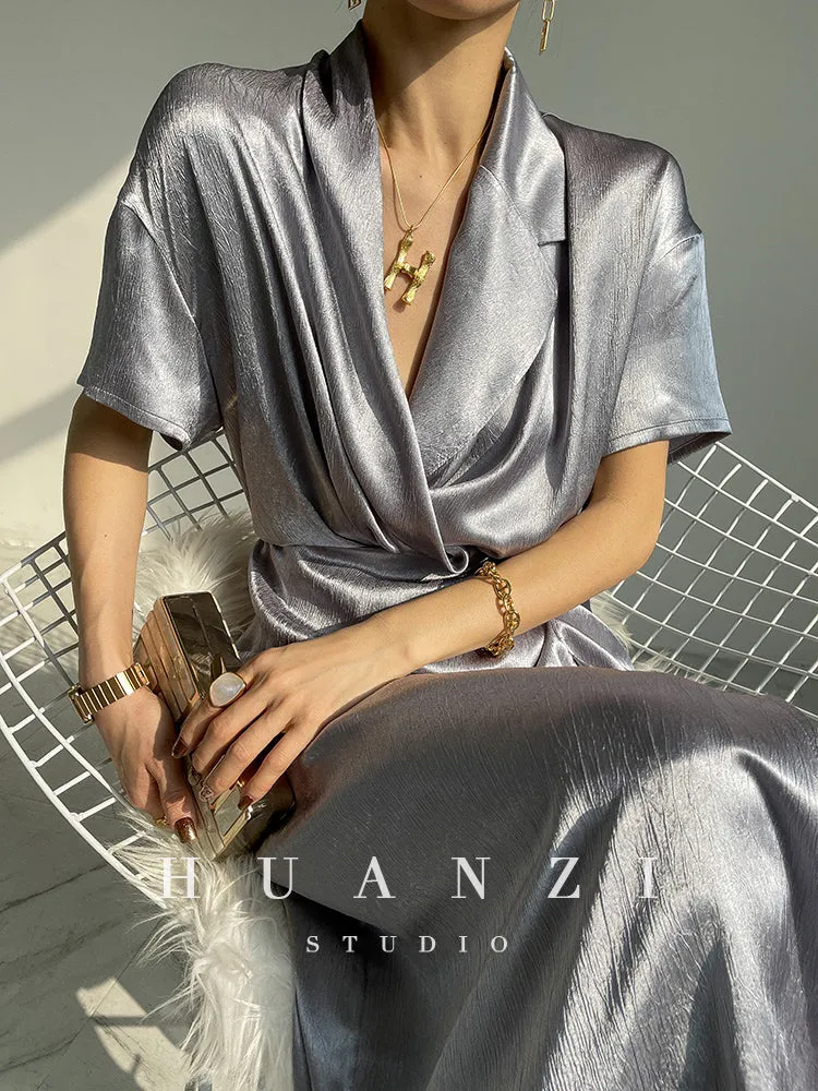 HUANZI custom designer high-end glossy silky elegant dress -Diana