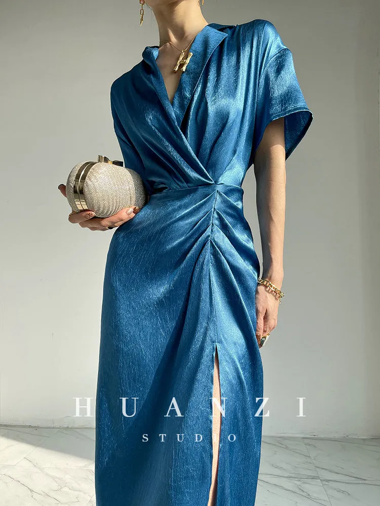 HUANZI custom designer high-end glossy silky elegant dress -Diana