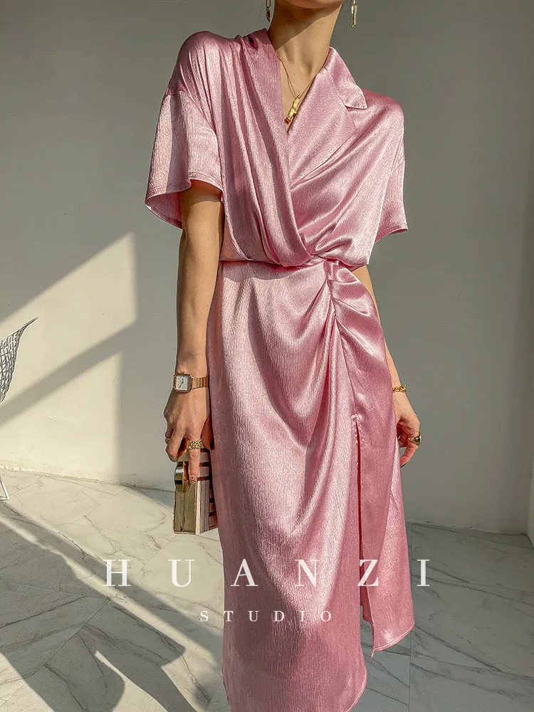 HUANZI custom designer high-end glossy silky elegant dress -Diana