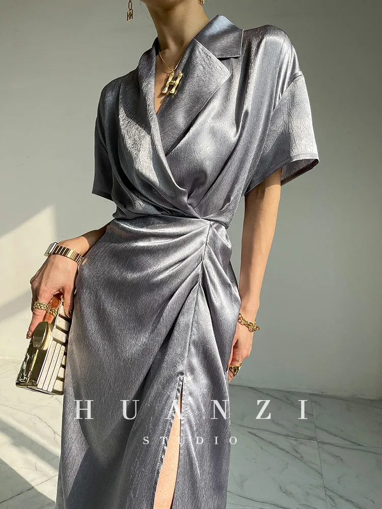 HUANZI custom designer high-end glossy silky elegant dress -Diana