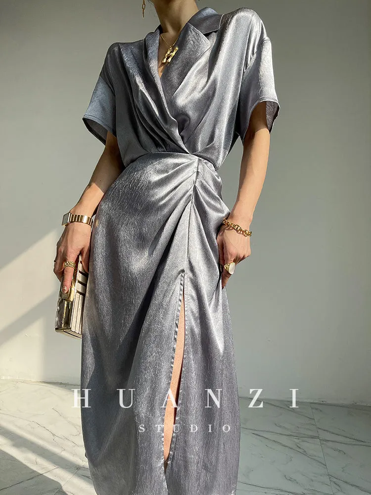 HUANZI custom designer high-end glossy silky elegant dress -Diana