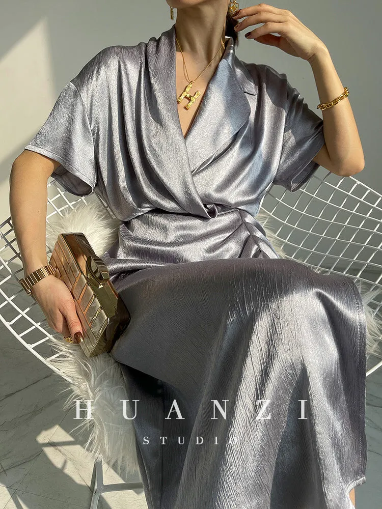 HUANZI custom designer high-end glossy silky elegant dress -Diana