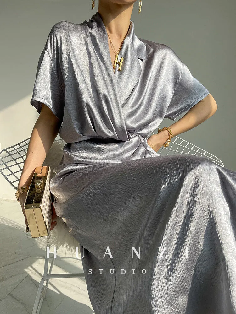 HUANZI custom designer high-end glossy silky elegant dress -Diana