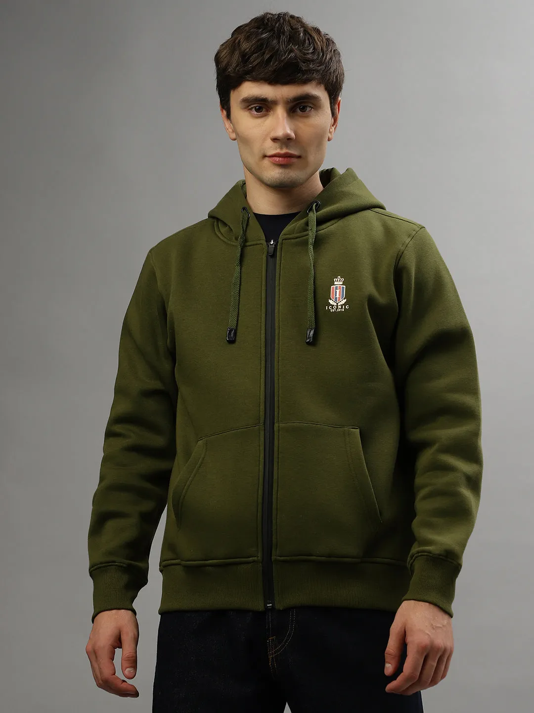 Iconic Men Solid Full Sleeves Hooded Sweatshirt