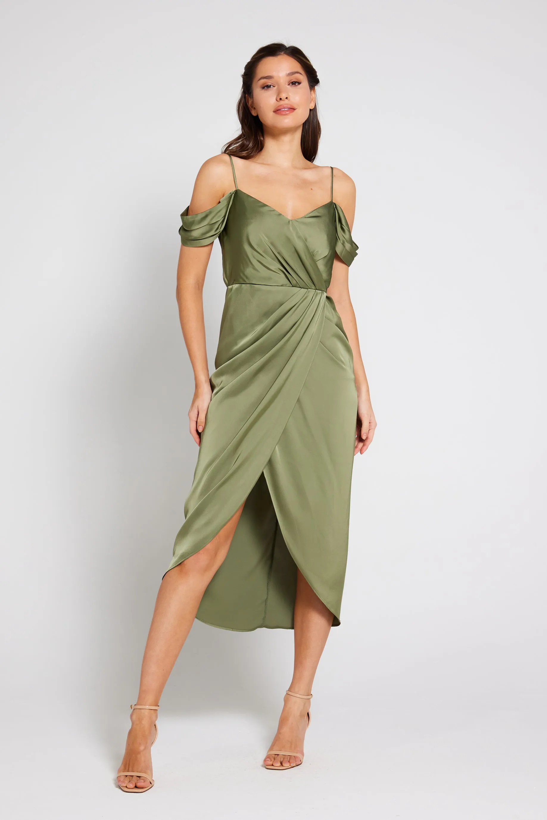 Isabella Bardot Satin Wrap Dress - Olive