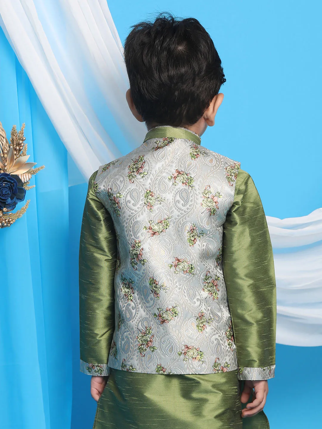 Jashvi Boy's Grey & Green Printed Woven Nehru Jacket