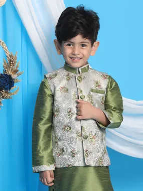 Jashvi Boy's Grey & Green Printed Woven Nehru Jacket