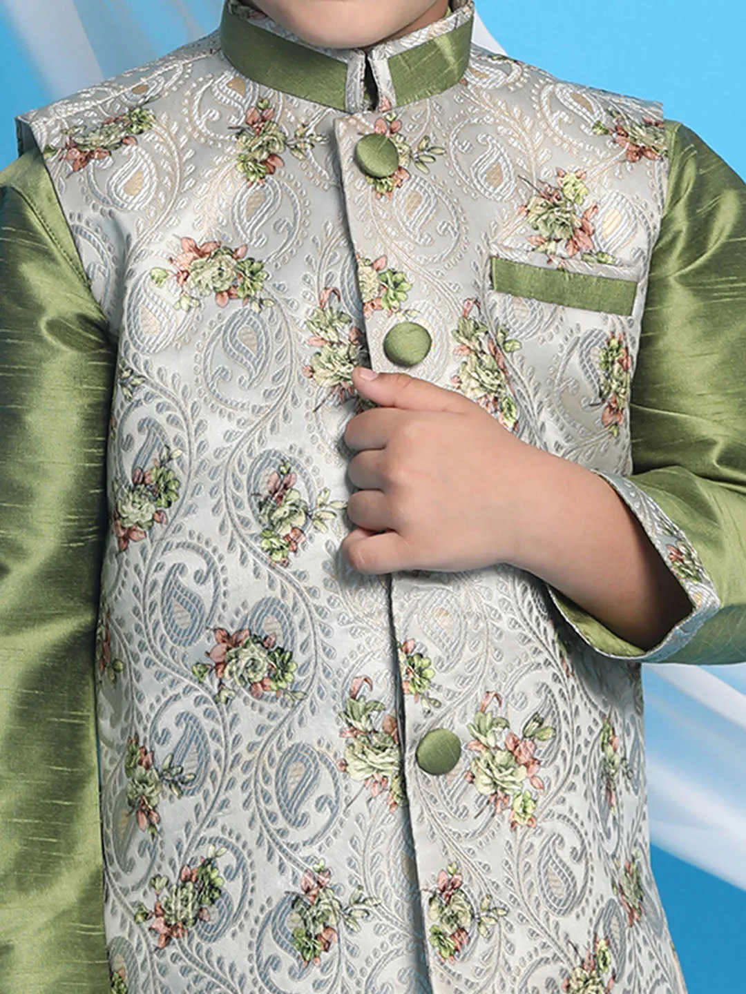 Jashvi Boy's Grey & Green Printed Woven Nehru Jacket