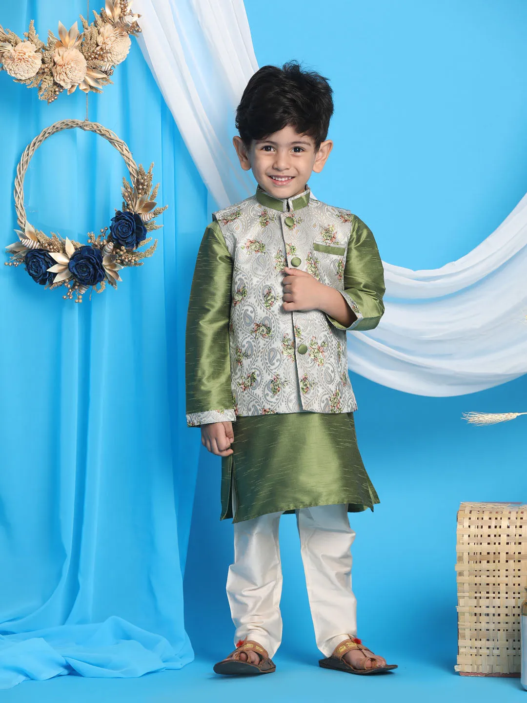 Jashvi Boy's Grey & Green Printed Woven Nehru Jacket