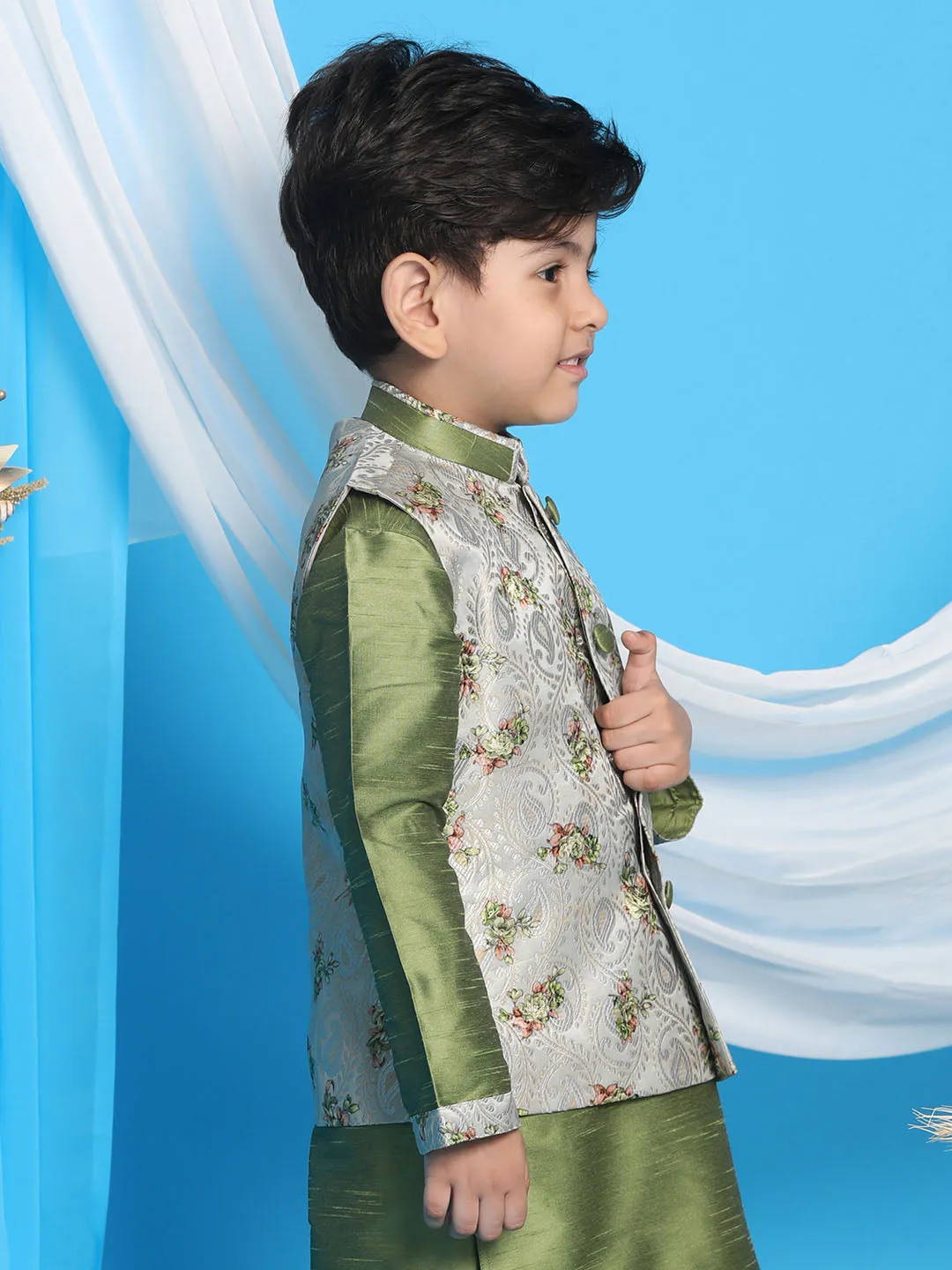 Jashvi Boy's Grey & Green Printed Woven Nehru Jacket